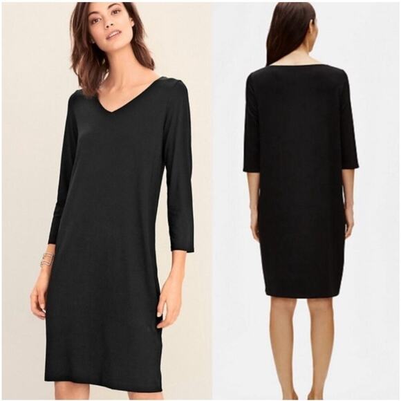 Eileen Fisher Navy Blue V Neck Viscose Jersey Knit Shift T Shirt Dress Sz S - Picture 1 of 6